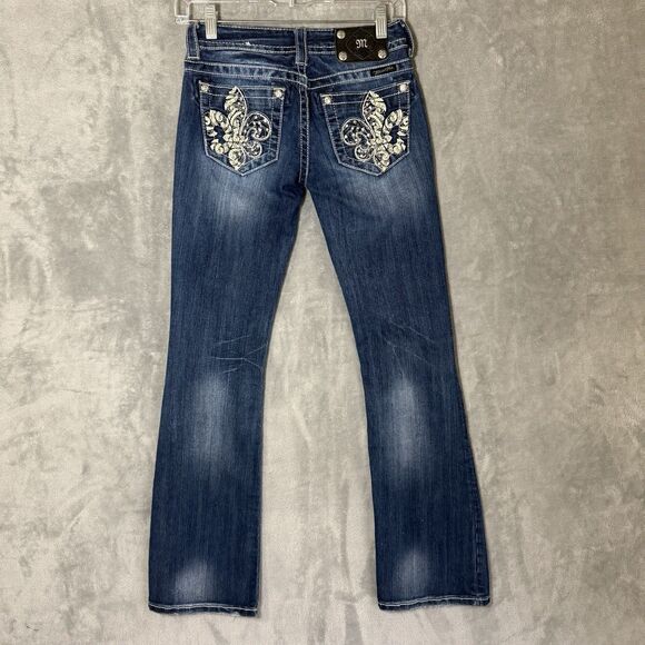 Miss Me Jeans Womens Size 25 Blue Bootcut Bling Denim Fleur De Lis Embellished - Picture 1 of 9